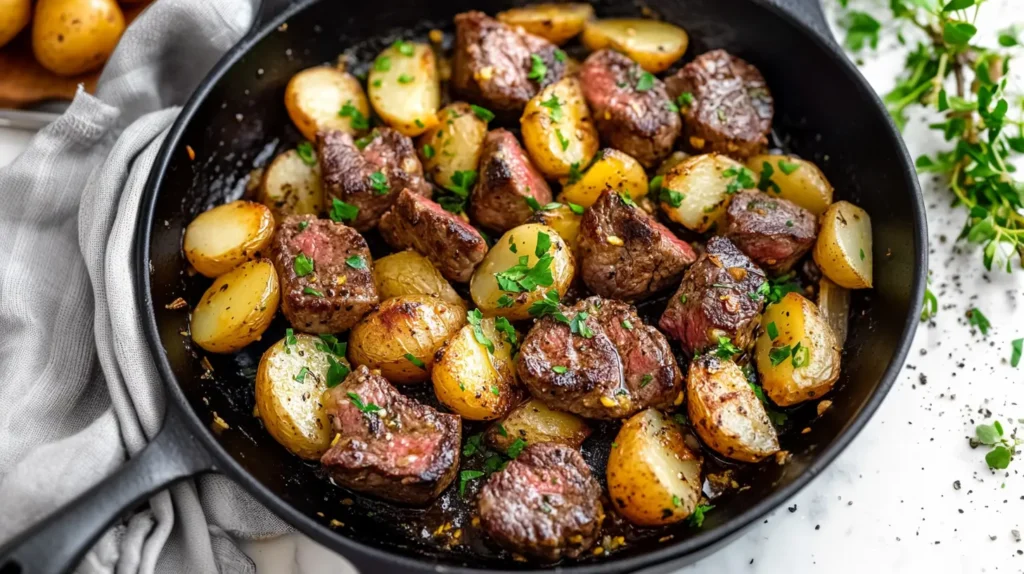 Garlic Butter Steak Bites and Potatoes